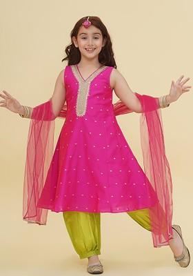 Pink Girls Floral Embroidered Sequinned Kurta With Salwar And Dupatta