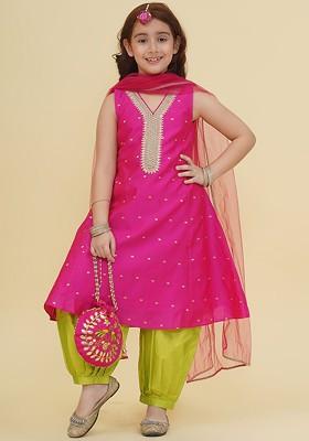 Pink Girls Ethnic Motifs Embroidered Sequinned Kurta With Salwar And Dupatta