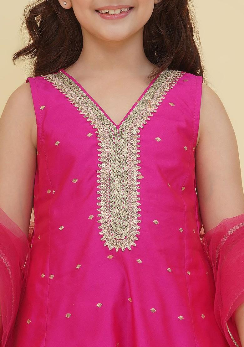 Pink Girls Ethnic Motifs Embroidered Sequinned Kurta With Salwar And Dupatta