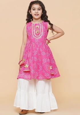 Pink Girls Pink Bandhani Printed Empire Gotta Patti Kurta With Sharara