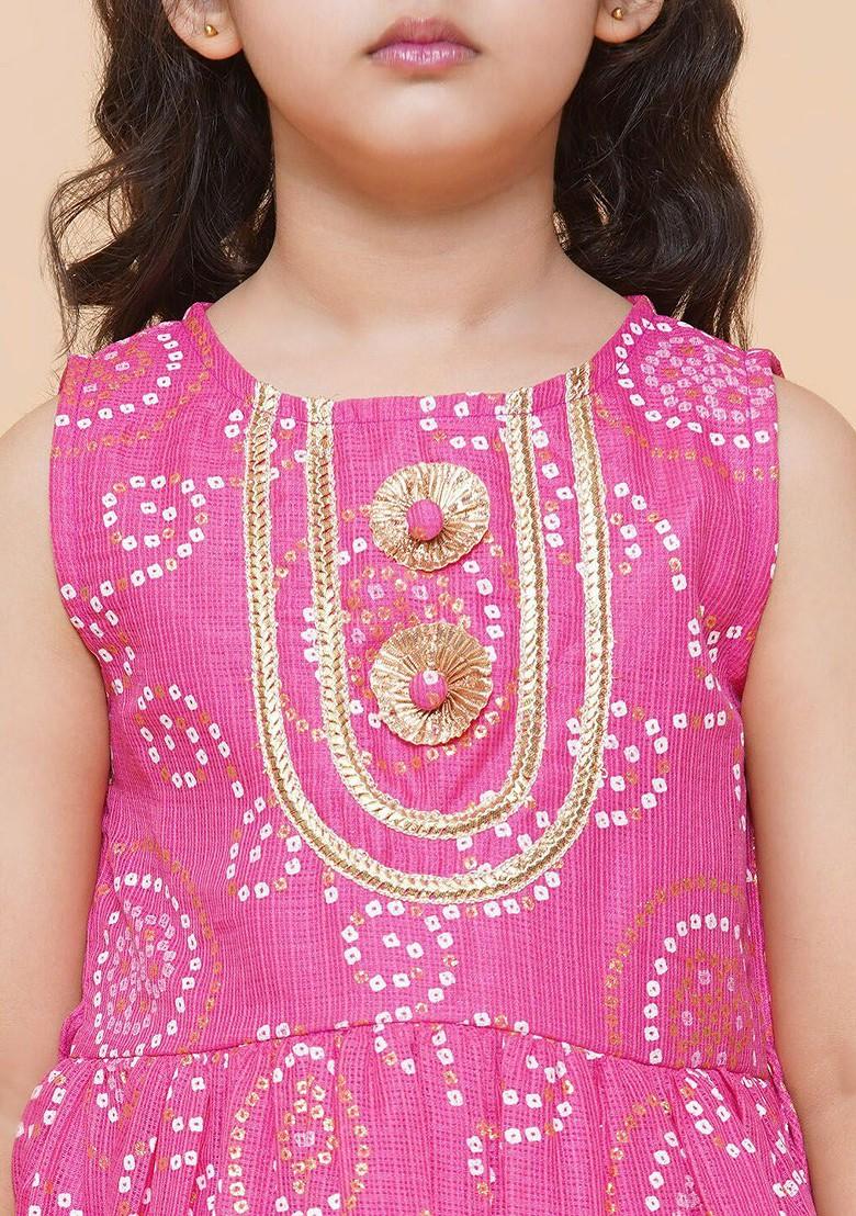 Pink Girls Pink Bandhani Printed Empire Gotta Patti Kurta With Sharara