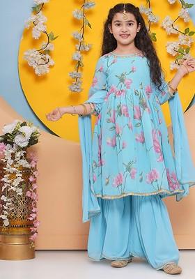 Blue Girls Floral Printed Regular Gotta Patti Kurta With Sharara And With Dupatta