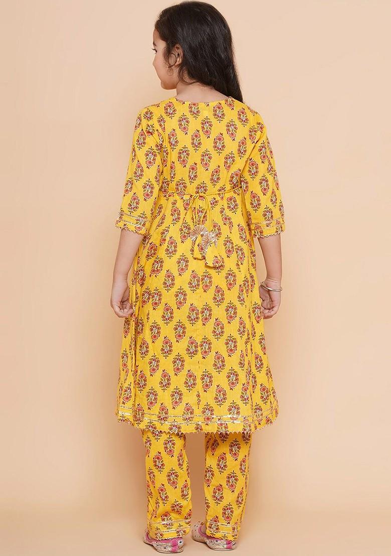 Yellow Girls Ethnic Motifs Printed Gotta Patti Pure Cotton Kurta With Trousers