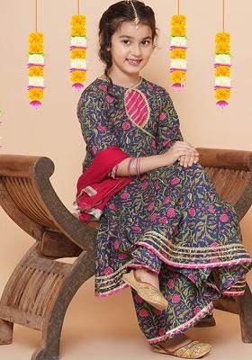 Blue Girls Floral Printed Angrakha Gotta Patti Pure Cotton Kurta Set
