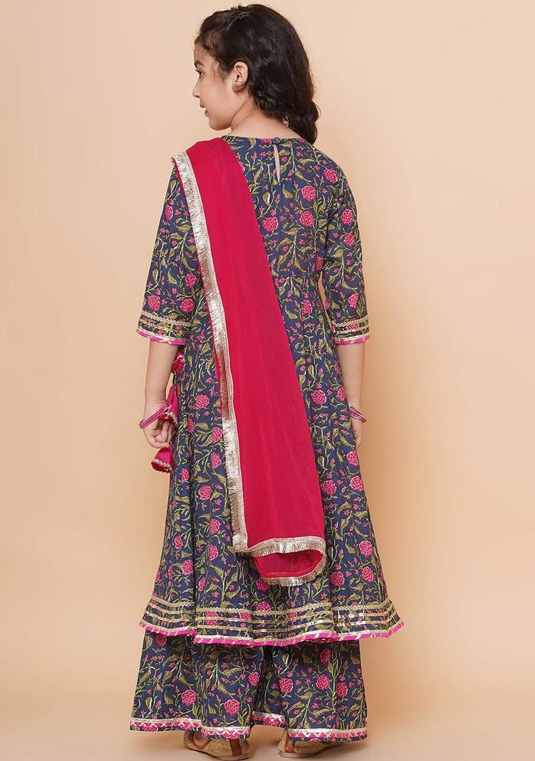 Blue Girls Floral Printed Angrakha Gotta Patti Pure Cotton Kurta Set