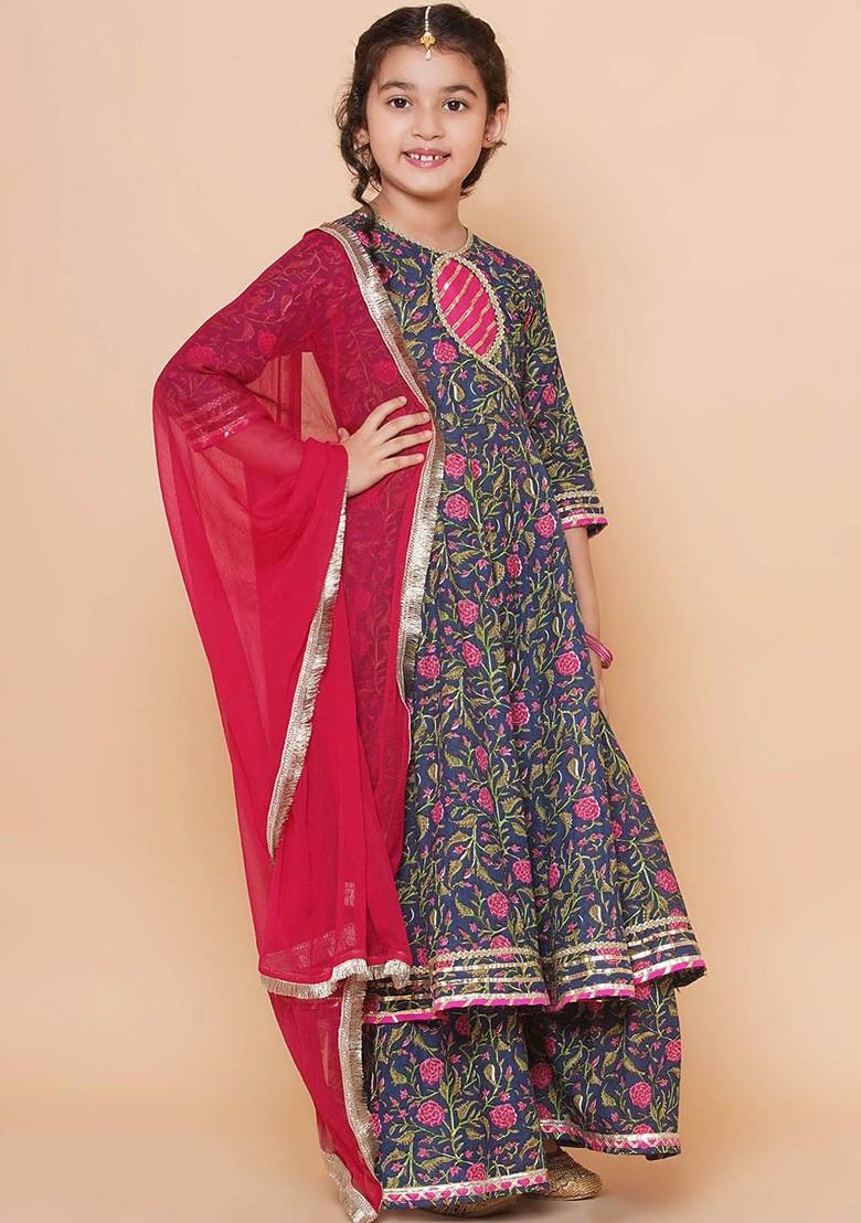 Blue Girls Floral Printed Angrakha Gotta Patti Pure Cotton Kurta Set