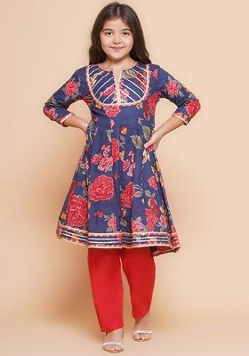 Navy Blue Girls Floral Printed Gotta Patti Pure Cotton Anarkali Kurta With Palazzos