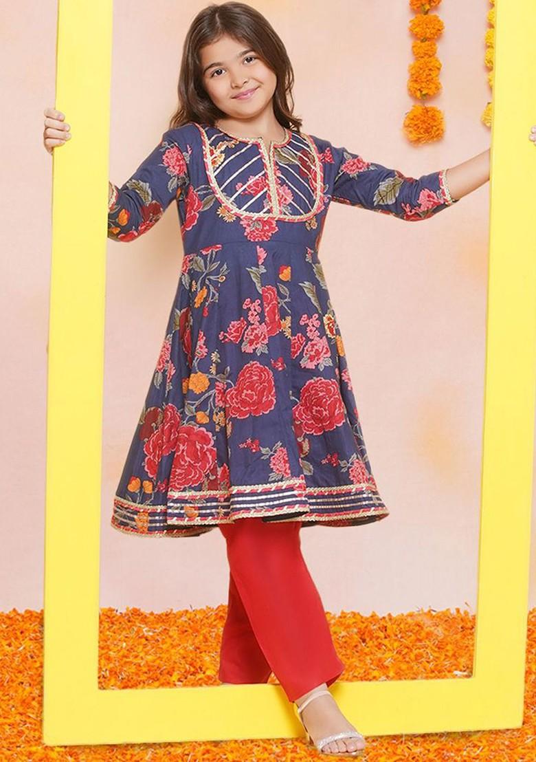 Navy Blue Girls Floral Printed Gotta Patti Pure Cotton Anarkali Kurta With Palazzos