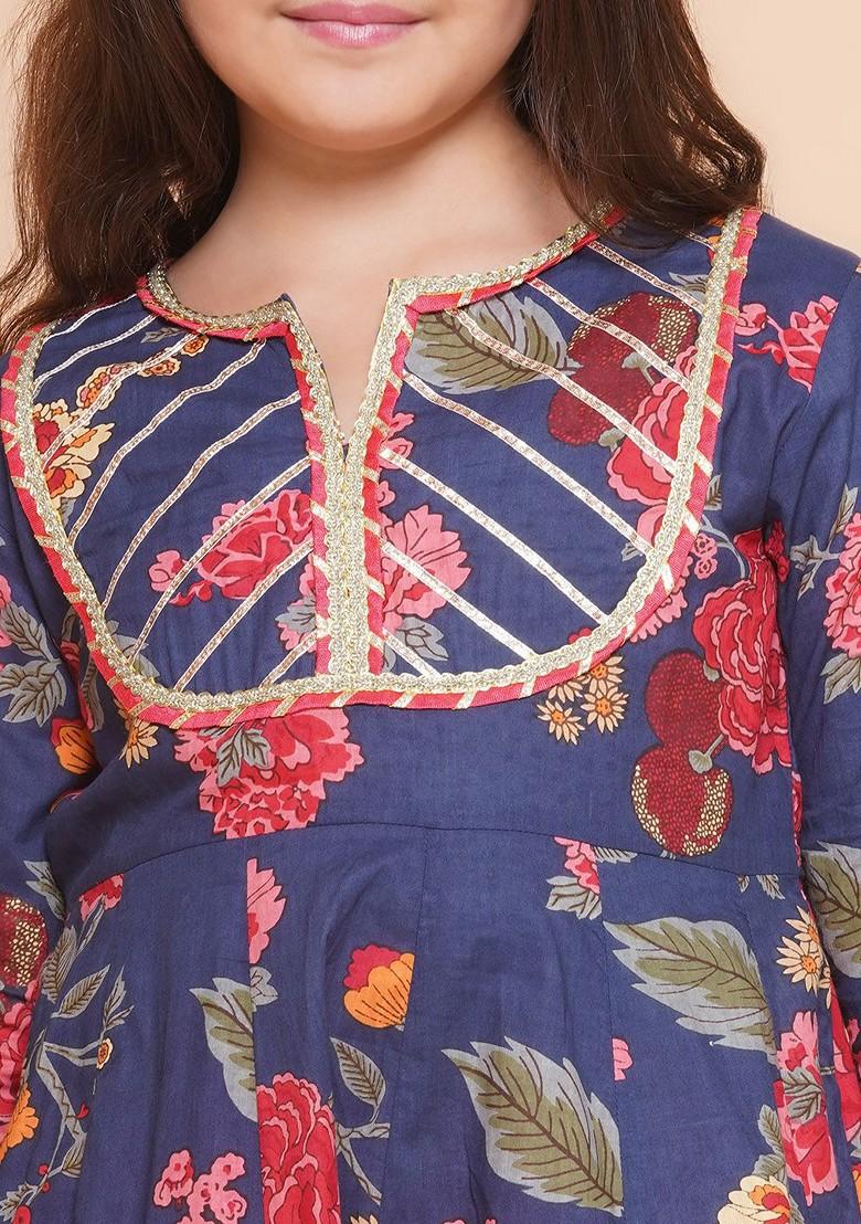 Navy Blue Girls Floral Printed Gotta Patti Pure Cotton Anarkali Kurta With Palazzos