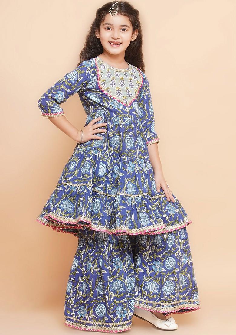 Blue Girls Floral Printed Regular Pure Cotton Kurta With Sharara And Dupatta