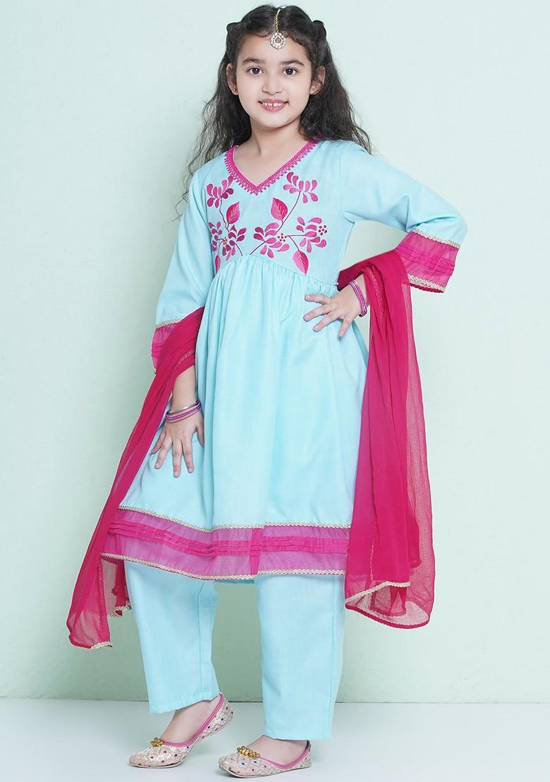 Blue Girls Floral Embroidered Sequinned Anarkali Kurta With Trousers And Dupatta