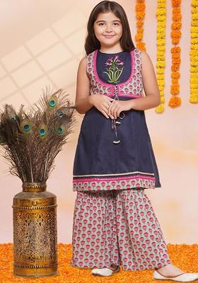 Navy Blue Girls Floral Embroidered Thread Work Pure Cotton Kurta With Sharara