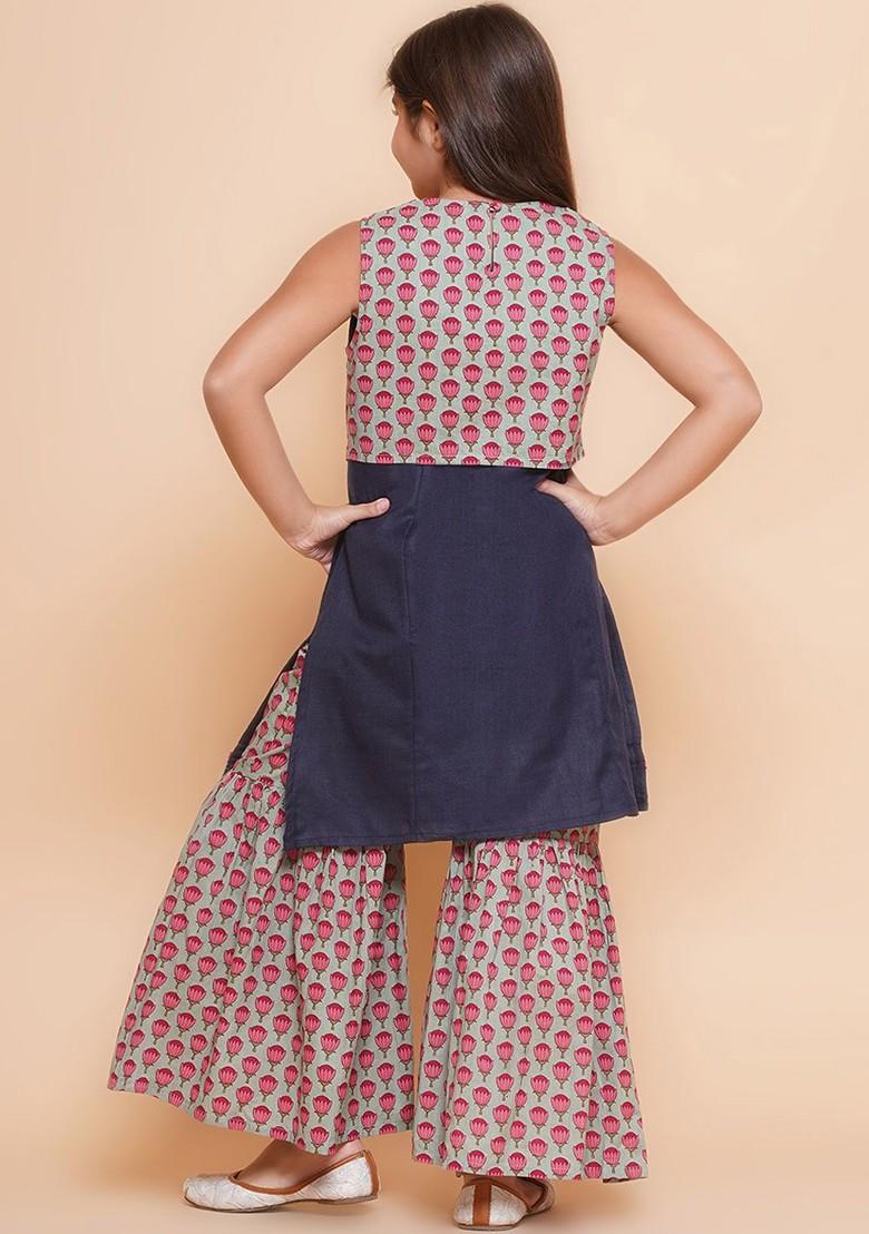 Navy Blue Girls Floral Embroidered Thread Work Pure Cotton Kurta With Sharara