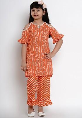 Orange Girls Bandhani Printed Regular Pure Cotton Kurta With Trousers