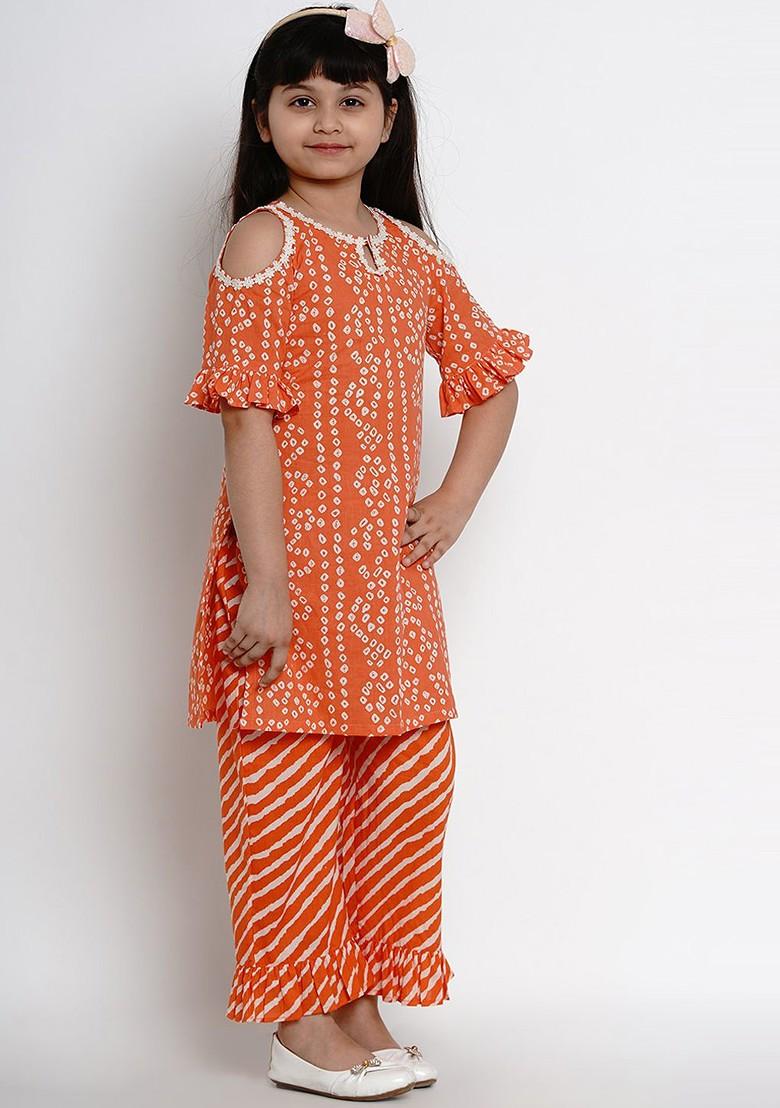 Orange Girls Bandhani Printed Regular Pure Cotton Kurta With Trousers
