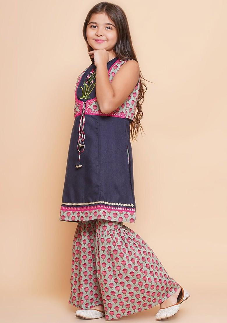 Blue Girls Floral Printed Regular Sequinned Pure Cotton Kurta With Sharara