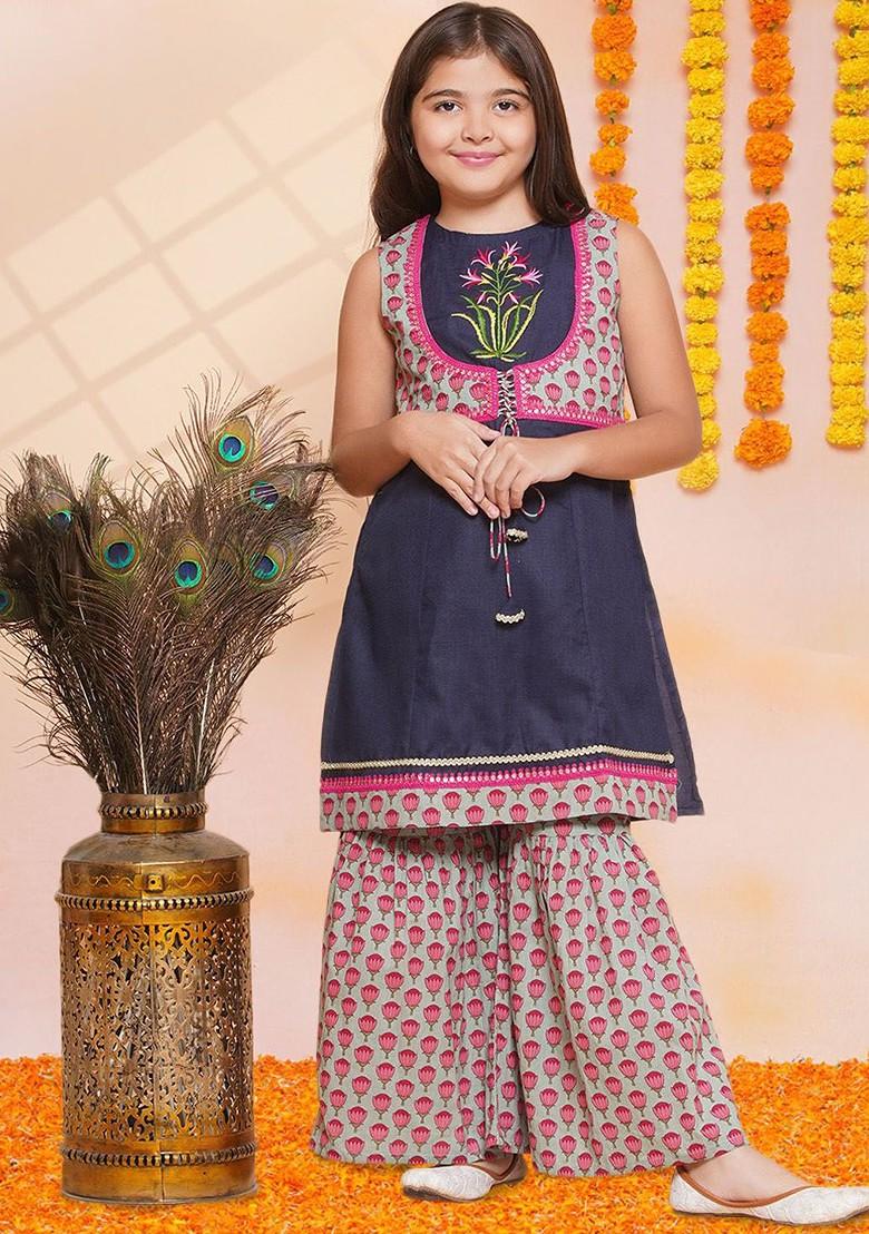 Blue Girls Floral Printed Regular Sequinned Pure Cotton Kurta With Sharara