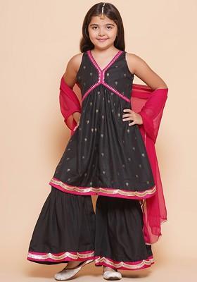 Black Girls Ethnic Motifs Printed Empire Sequinned Pure Cotton Kurta With Sharara