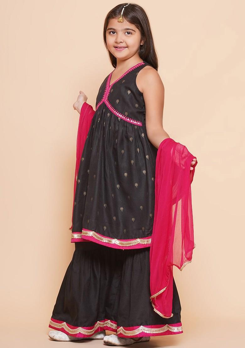 Black Girls Ethnic Motifs Printed Empire Sequinned Pure Cotton Kurta With Sharara
