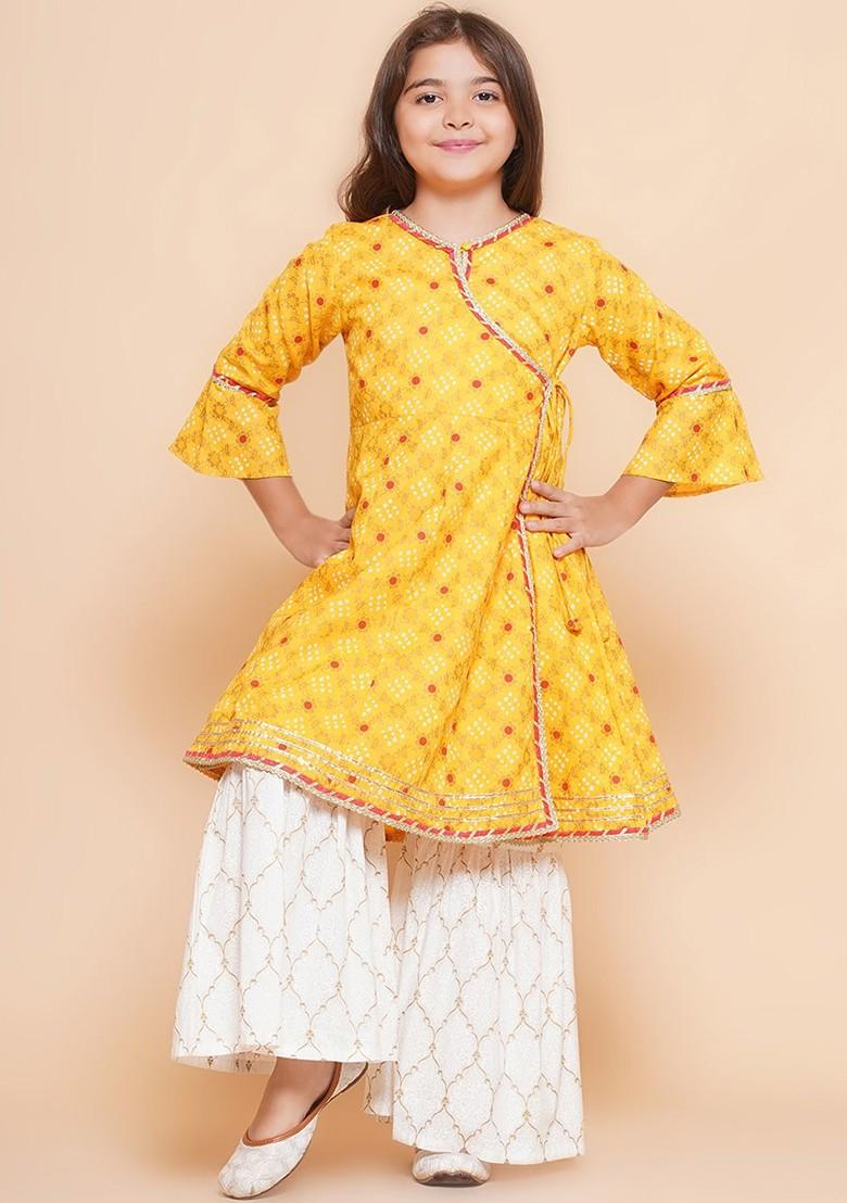 Yellow Girls Ethnic Motifs Printed Angrakha Gotta Patti Pure Cotton Kurta With Sharara