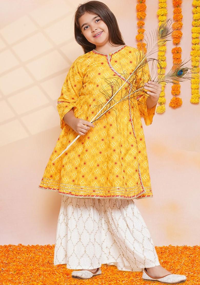Yellow Girls Ethnic Motifs Printed Angrakha Gotta Patti Pure Cotton Kurta With Sharara
