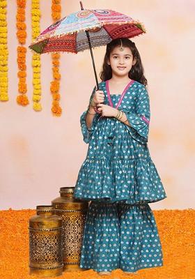 Blue Girls Ethnic Motifs Print Sequinned Anarkali Kurta With Sharara