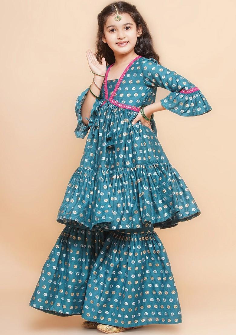 Blue Girls Ethnic Motifs Print Sequinned Anarkali Kurta With Sharara
