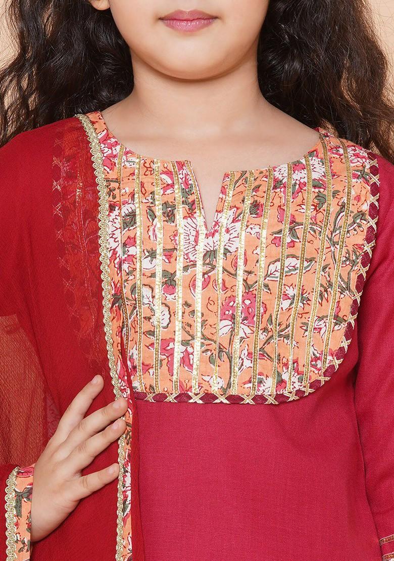 Maroon Girls Gotta Patti Cotton Ready To Wear Lehenga And Blouse With Dupatta