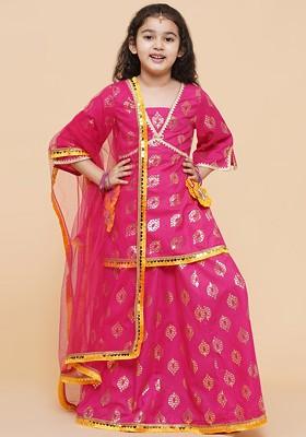 Pink Girls Printed Foil Print Ready To Wear Lehenga And Blouse With Dupatta