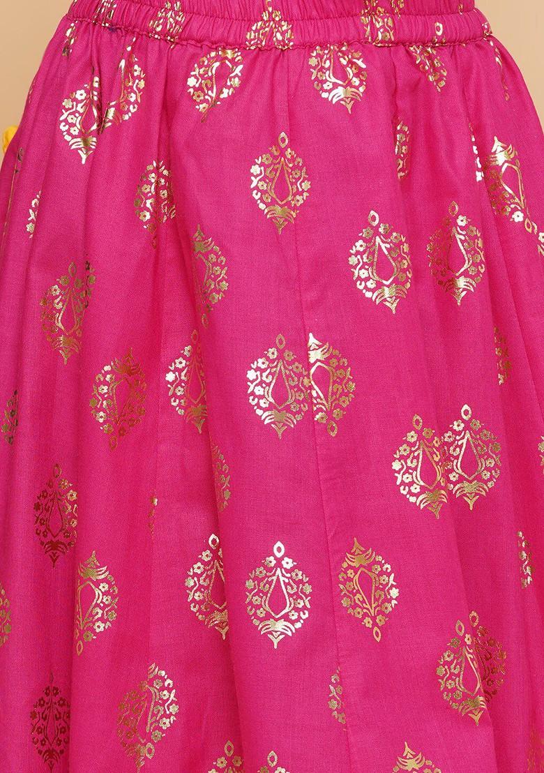 Pink Girls Printed Foil Print Ready To Wear Lehenga And Blouse With Dupatta
