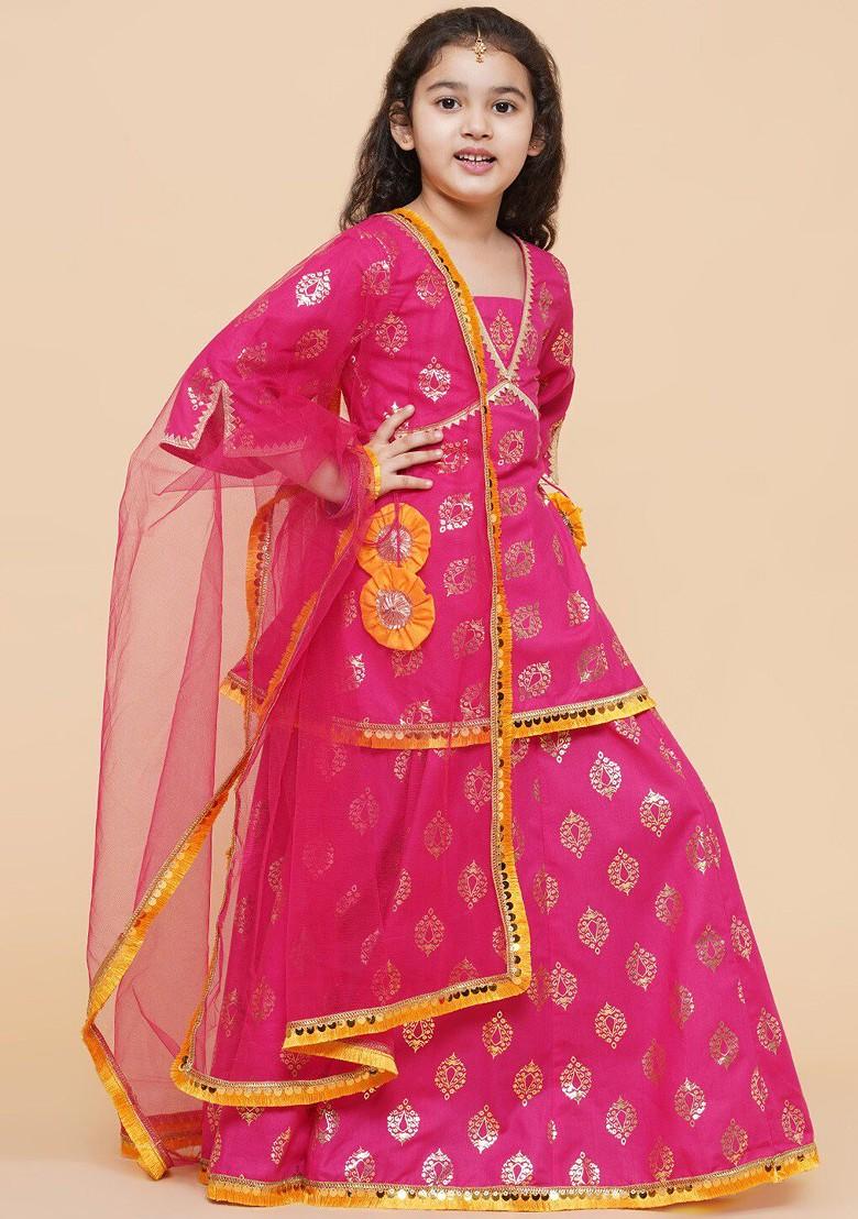Pink Girls Printed Foil Print Ready To Wear Lehenga And Blouse With Dupatta