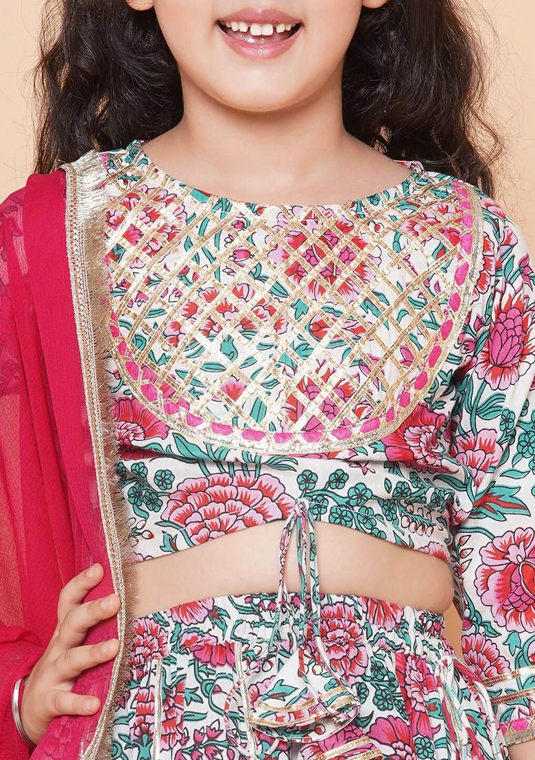 Off White Girls Floral Printed Ready To Wear Lehenga And Blouse With Dupatta