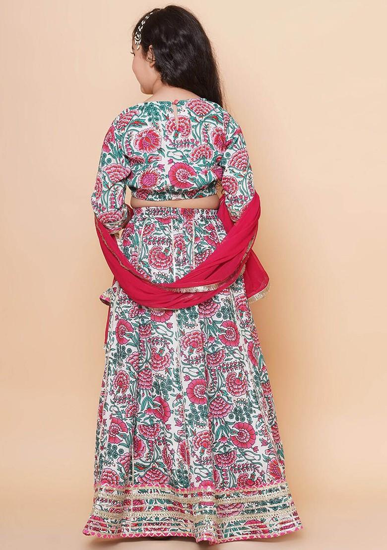 Off White Girls Floral Printed Ready To Wear Lehenga And Blouse With Dupatta