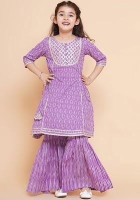 Purple Girls Ethnic Motifs Printed Gotta Patti Pure Cotton Kurta With Sharara