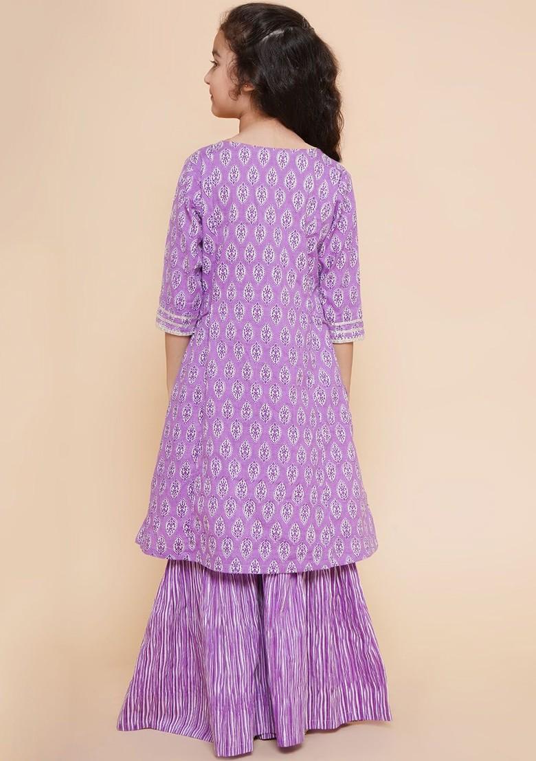 Purple Girls Ethnic Motifs Printed Gotta Patti Pure Cotton Kurta With Sharara