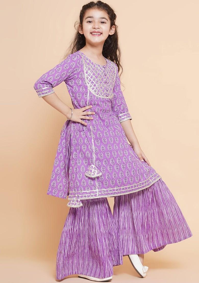Purple Girls Ethnic Motifs Printed Gotta Patti Pure Cotton Kurta With Sharara