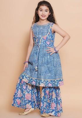 Blue Girls Floral Printed Gotta Patti Pure Cotton Anarkali Kurta With Sharara