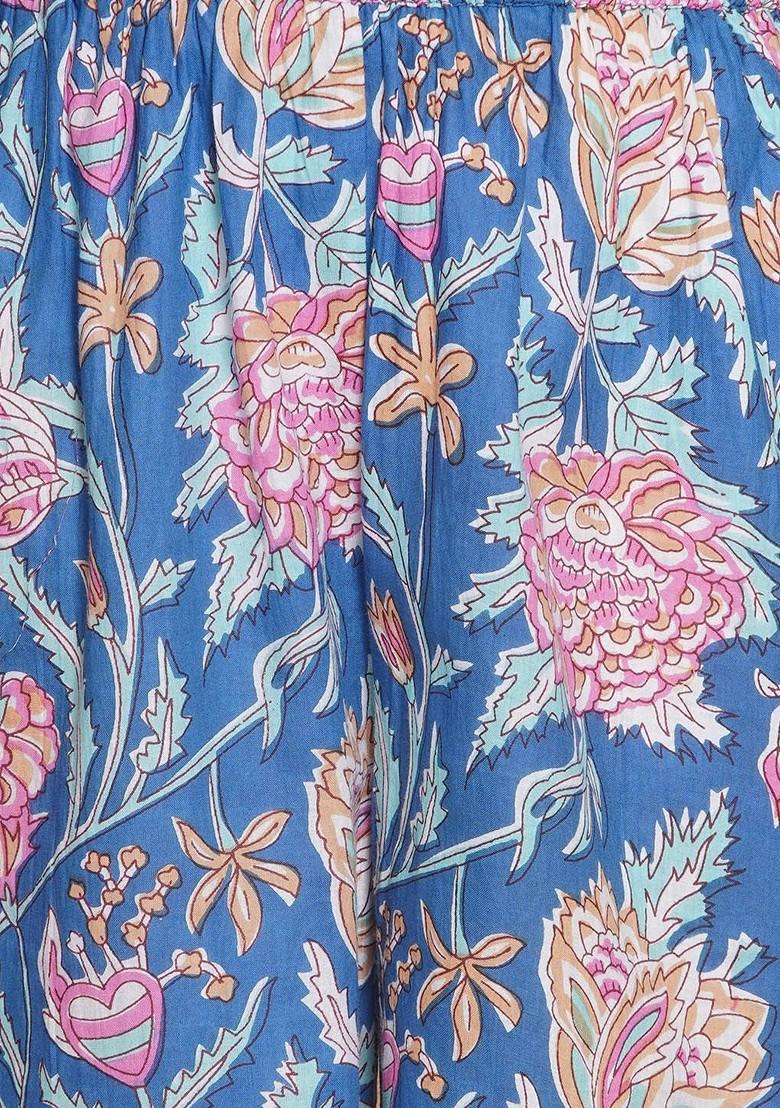 Blue Girls Floral Printed Gotta Patti Pure Cotton Anarkali Kurta With Sharara