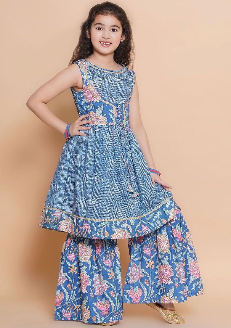 Blue Girls Floral Printed Gotta Patti Pure Cotton Anarkali Kurta With Sharara