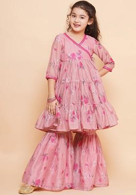 Pink Girls Pink Floral Print Sequinned Cotton Angrakha Kurta With Sharara