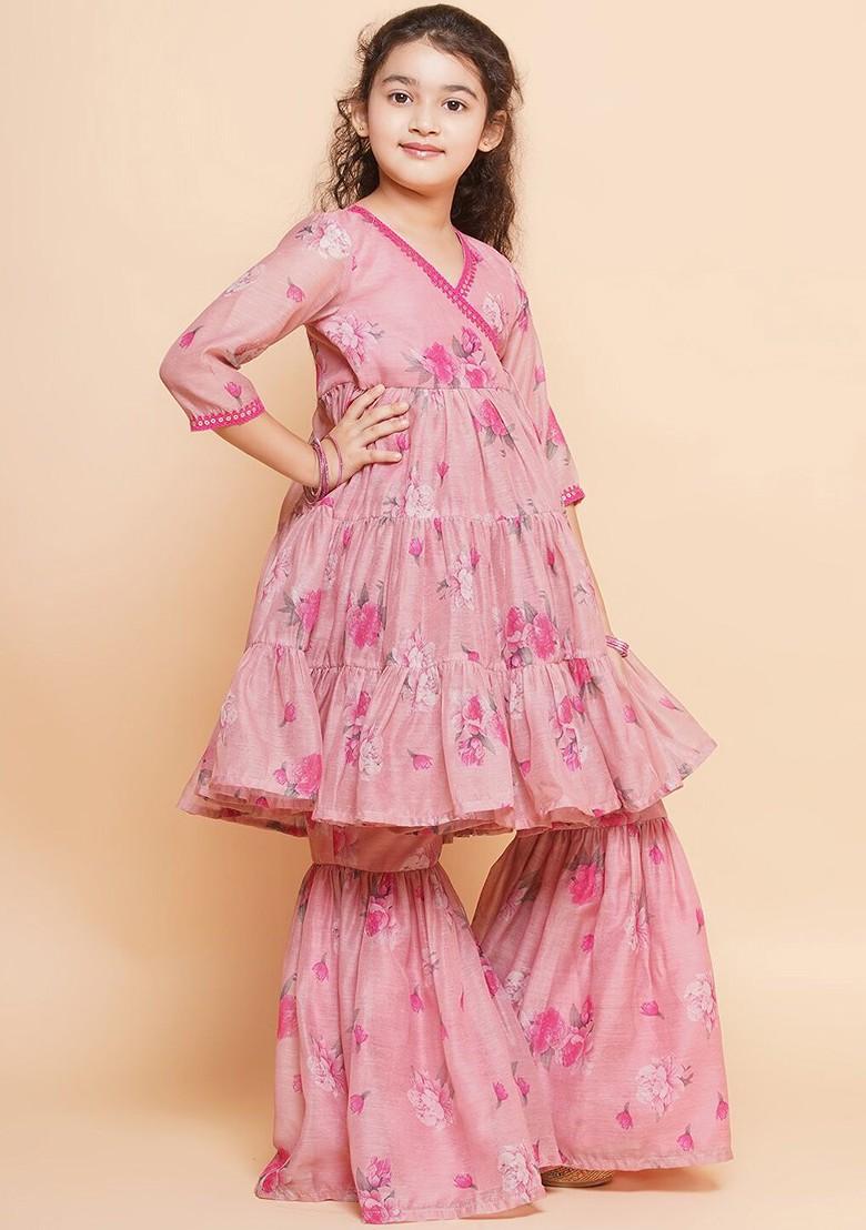 Pink Girls Pink Floral Print Sequinned Cotton Angrakha Kurta With Sharara