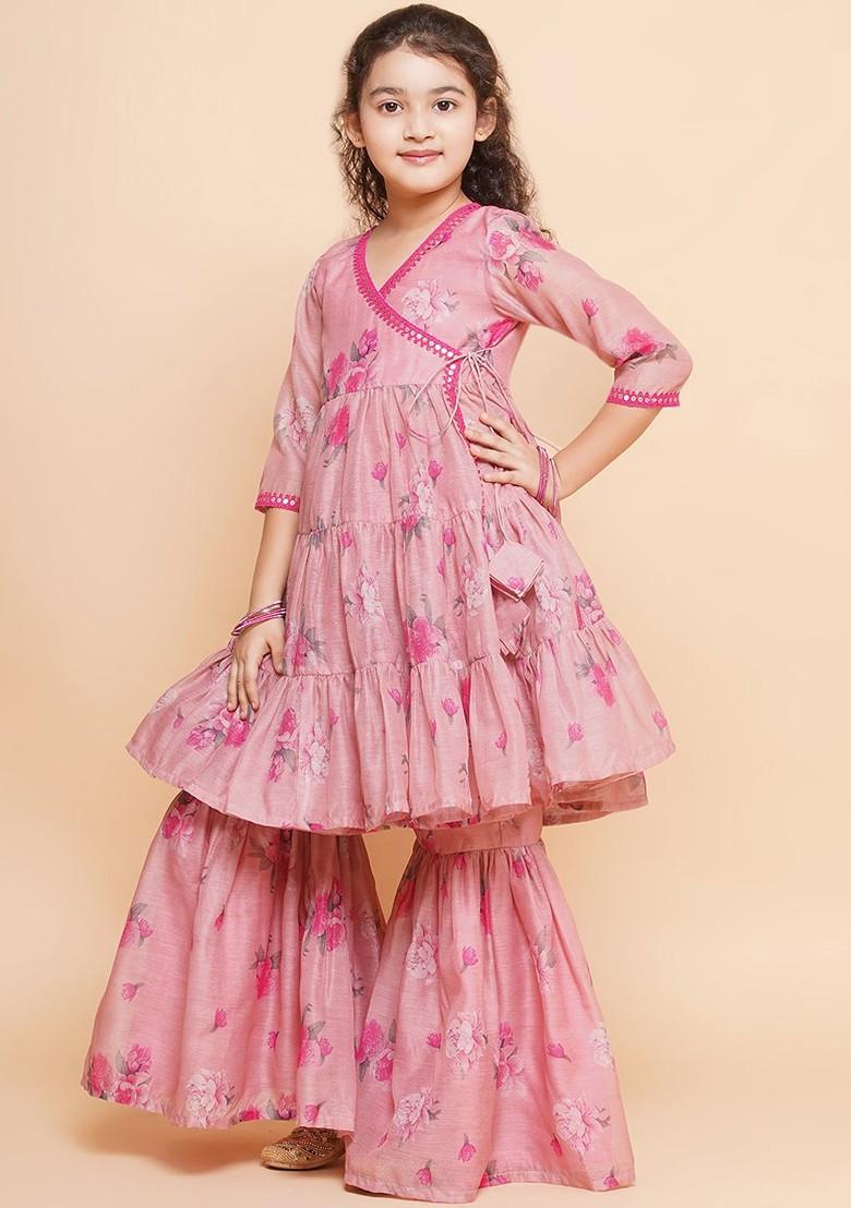 Pink Girls Pink Floral Print Sequinned Cotton Angrakha Kurta With Sharara