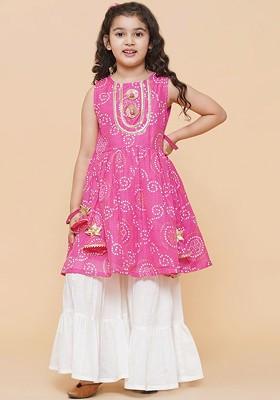 Pink Girls Pink And White Bandhani Printed Panelled Kurta With Sharara
