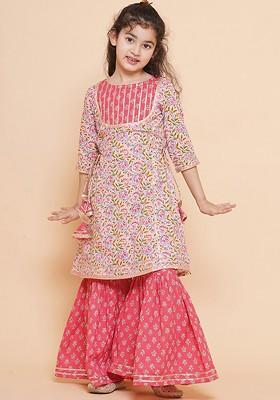 Pink Girls Printed Gotta Patti Pure Cotton Kurta With Sharara