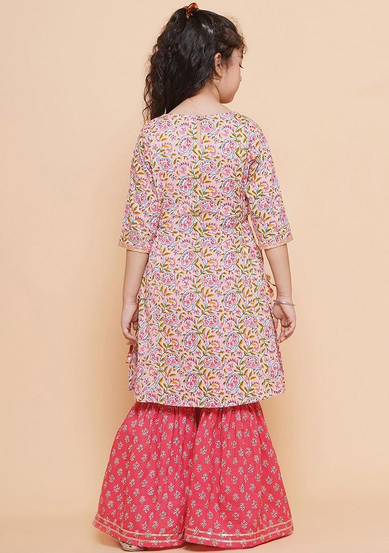 Pink Girls Printed Gotta Patti Pure Cotton Kurta With Sharara