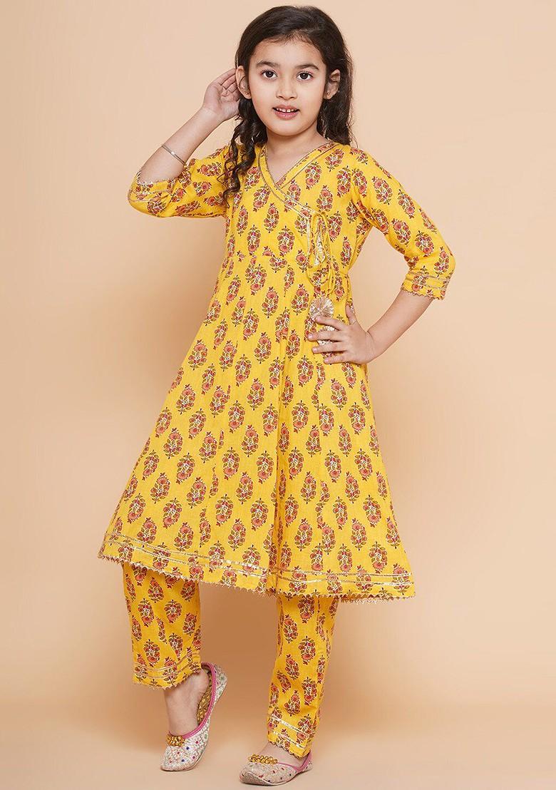 Yellow Girls Ethnic Motifs Printed Angrakha Pure Cotton Kurta With Trousers