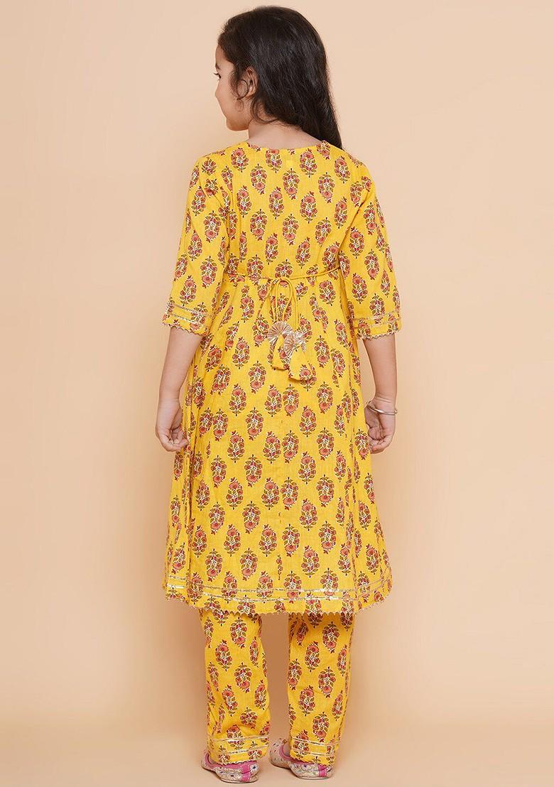Yellow Girls Ethnic Motifs Printed Angrakha Pure Cotton Kurta With Trousers