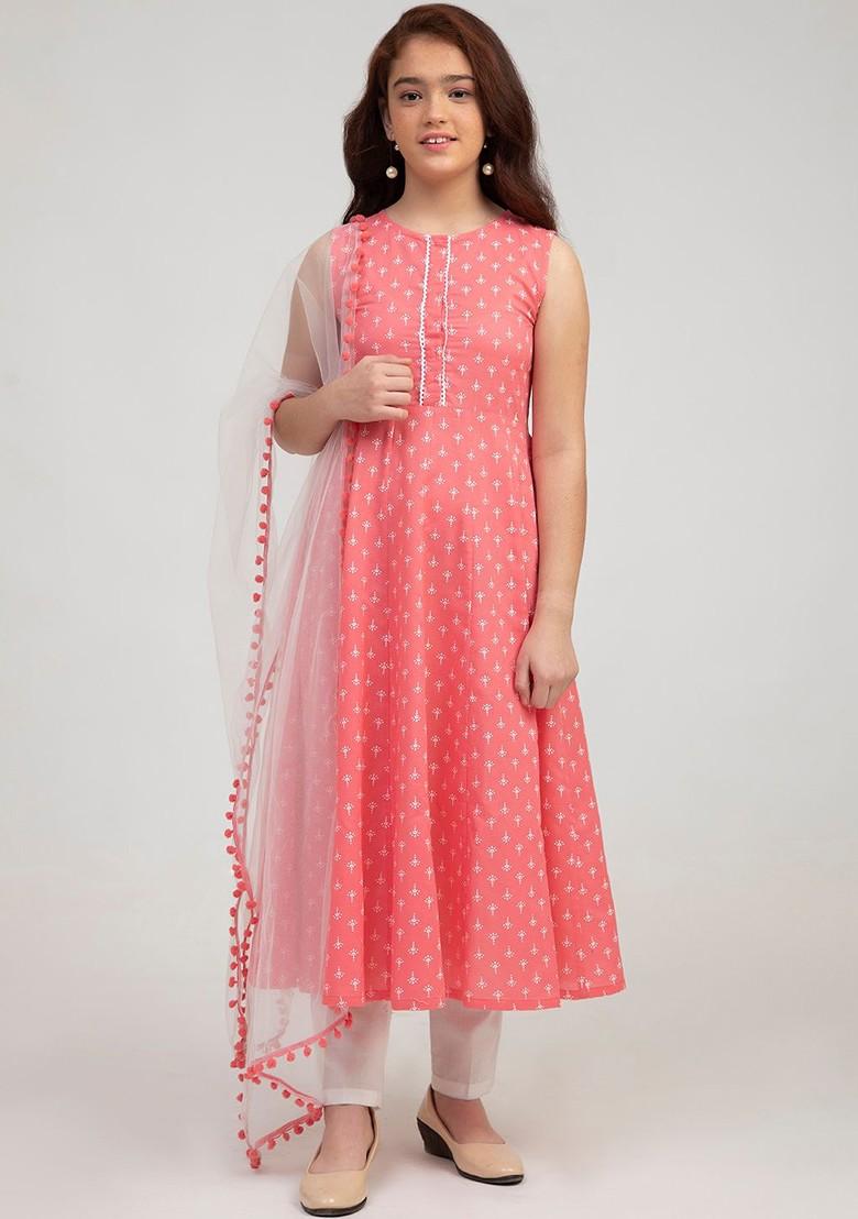 Pink Girls Pink Ethnic Motifs Printed Pure Cotton Kurta With Trousers And With Dupatta
