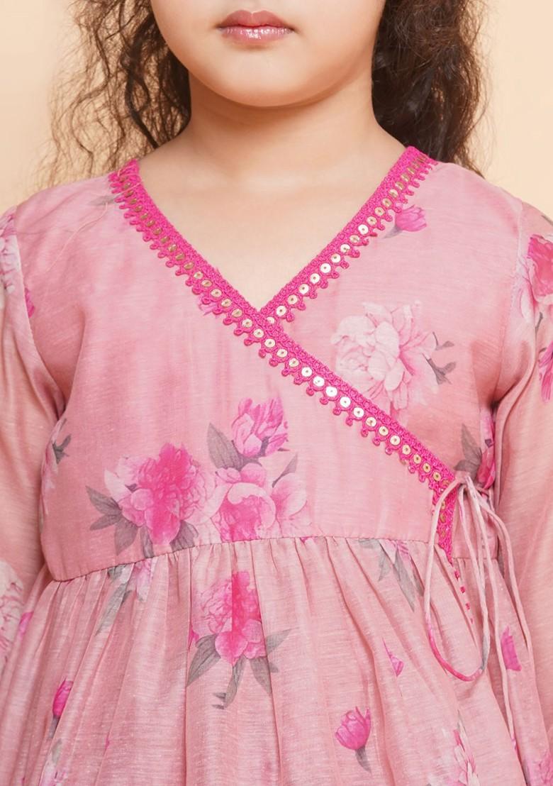 Peach Girls Floral Printed Kurta With Sharara