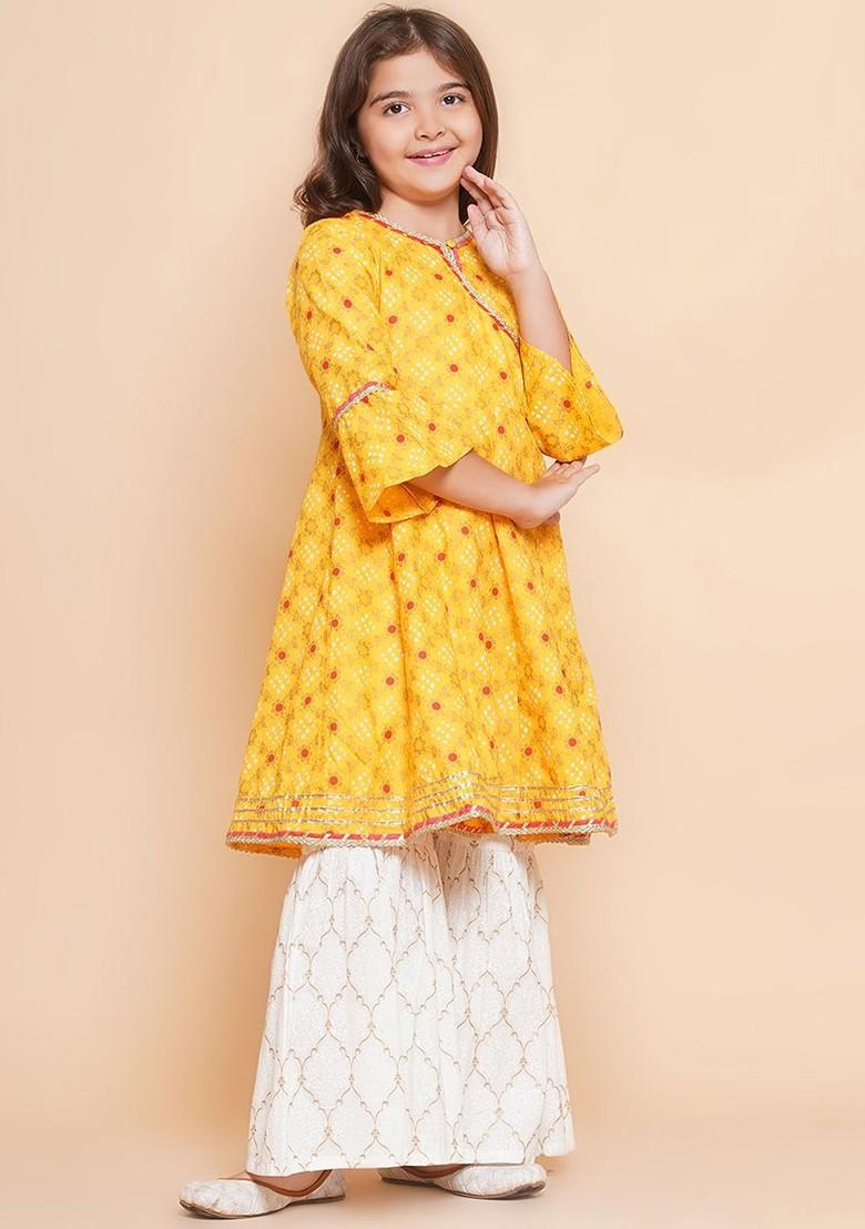 Yellow Girls Ethnic Motifs Printed Angrakha Gotta Patti Pure Cotton Kurta With Sharara